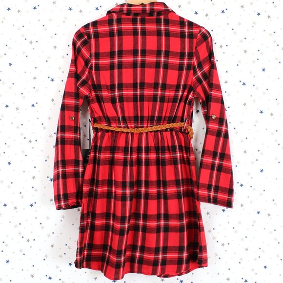 Plaid Button Up Shirt Dress with Belt Red Black - Picture 7 of 9